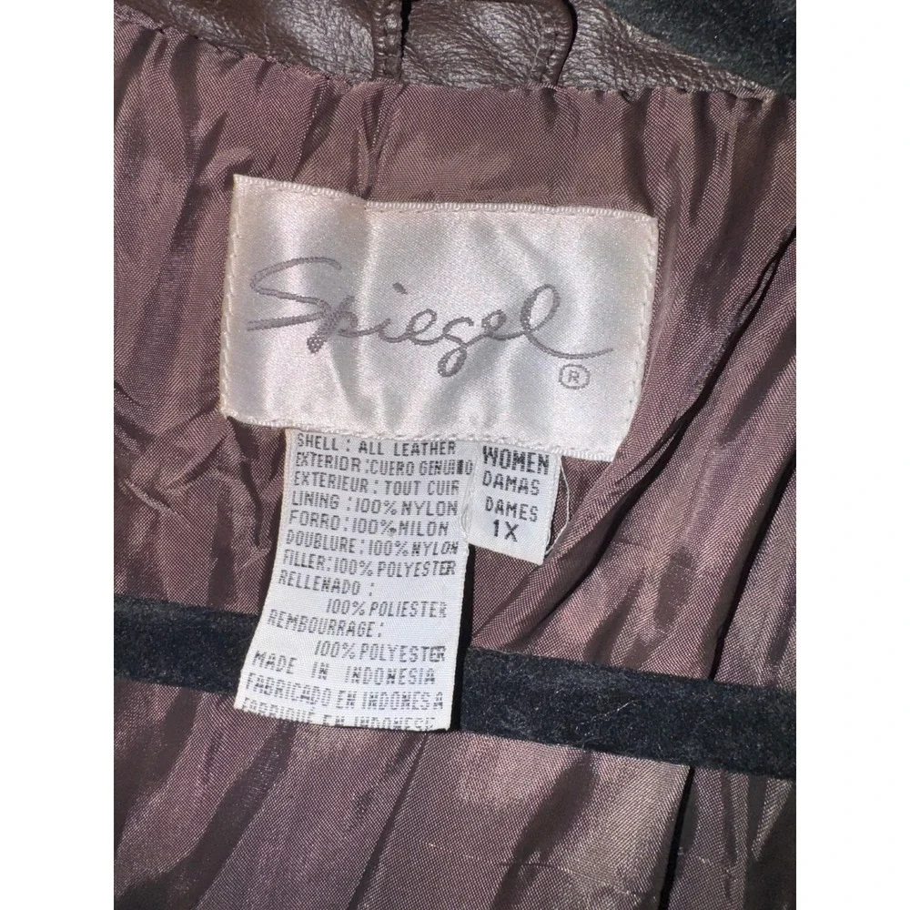Vintage Spiegel Women 1X Brown Leather Full Zip Jacket with Pockets Draw Strings